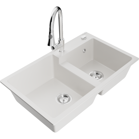 Mexen Tomas zlewozmywak granitowy 2-komorowy z baterią kuchenną Elia, biały - 6516-20-670101-00