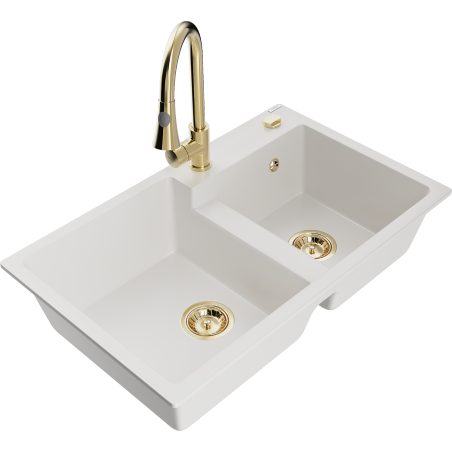 Mexen Tomas zlewozmywak granitowy 2-komorowy z baterią kuchenną Elia, biały - 6516-20-670101-50