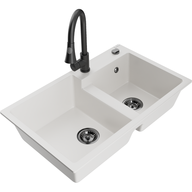 Mexen Tomas zlewozmywak granitowy 2-komorowy z baterią kuchenną Elia, biały - 6516-20-670101-70