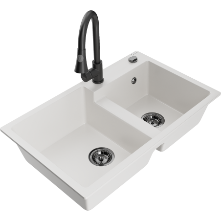 Mexen Tomas zlewozmywak granitowy 2-komorowy z baterią kuchenną Elia, biały - 6516-20-670101-70
