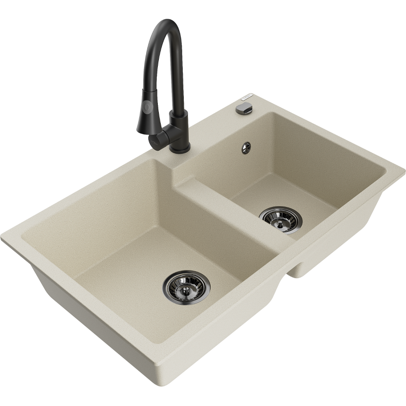 Mexen Tomas zlewozmywak granitowy 2-komorowy z baterią kuchenną Elia, beżowy - 6516-69-670101-70