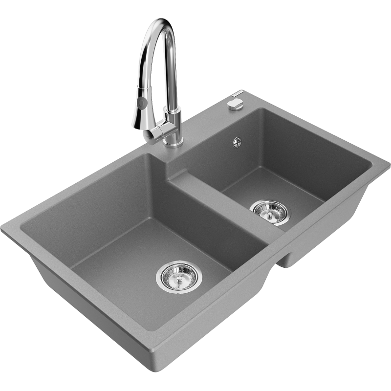 Mexen Tomas zlewozmywak granitowy 2-komorowy z baterią kuchenną Elia, szary - 6516-71-670101-00