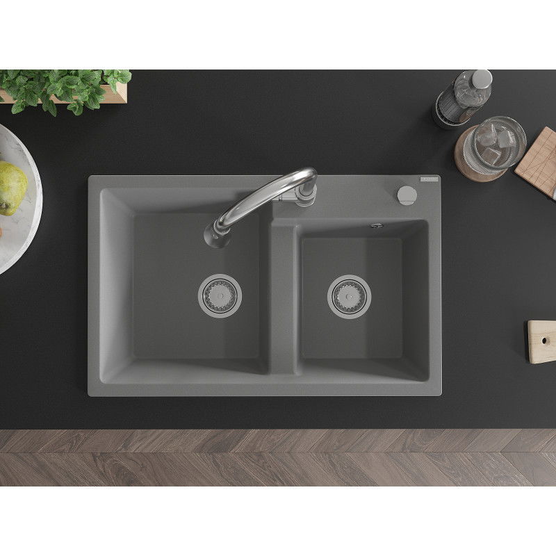 Mexen Tomas zlewozmywak granitowy 2-komorowy z baterią kuchenną Elia, szary - 6516-71-670101-00