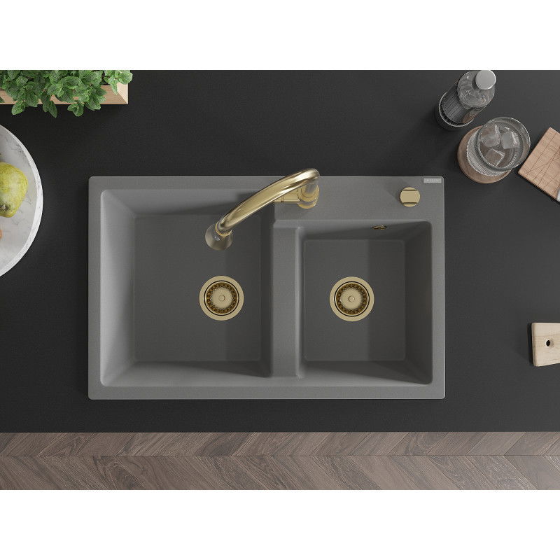 Mexen Tomas zlewozmywak granitowy 2-komorowy z baterią kuchenną Elia, szary - 6516-71-670101-50