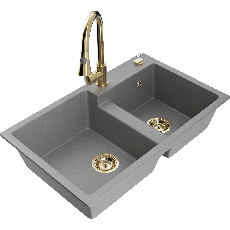 Mexen Tomas zlewozmywak granitowy 2-komorowy z baterią kuchenną Elia, szary - 6516-71-670101-50