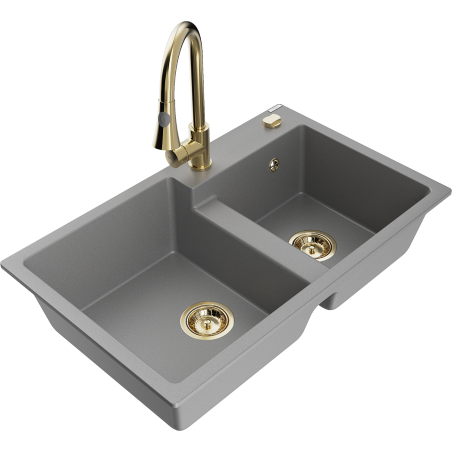 Mexen Tomas zlewozmywak granitowy 2-komorowy z baterią kuchenną Elia, szary - 6516-71-670101-50