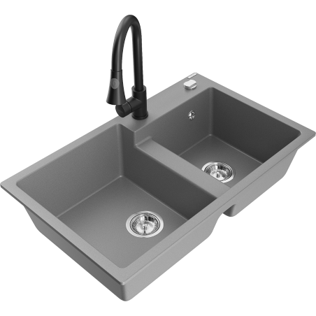 Mexen Tomas zlewozmywak granitowy 2-komorowy z baterią kuchenną Elia, szary - 6516-71-670101-70