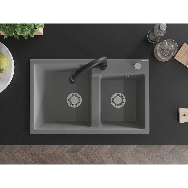 Mexen Tomas zlewozmywak granitowy 2-komorowy z baterią kuchenną Elia, szary - 6516-71-670101-70