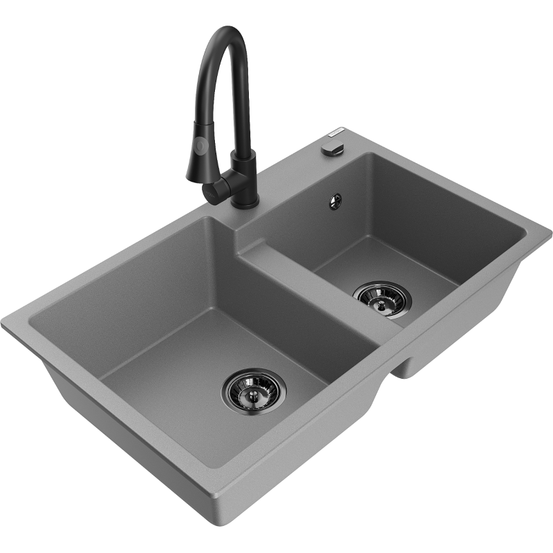 Mexen Tomas zlewozmywak granitowy 2-komorowy z baterią kuchenną Elia, szary - 6516-71-670101-70-B