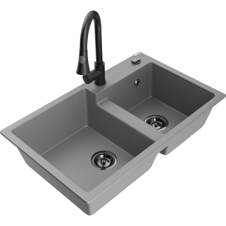 Mexen Tomas zlewozmywak granitowy 2-komorowy z baterią kuchenną Elia, szary - 6516-71-670101-70-B