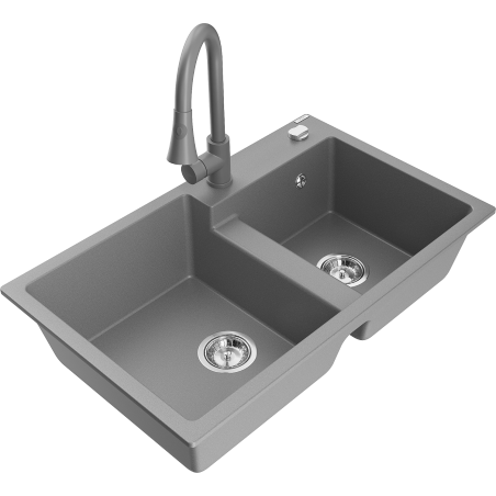 Mexen Tomas zlewozmywak granitowy 2-komorowy z baterią kuchenną Elia, szary - 6516-71-670101-71