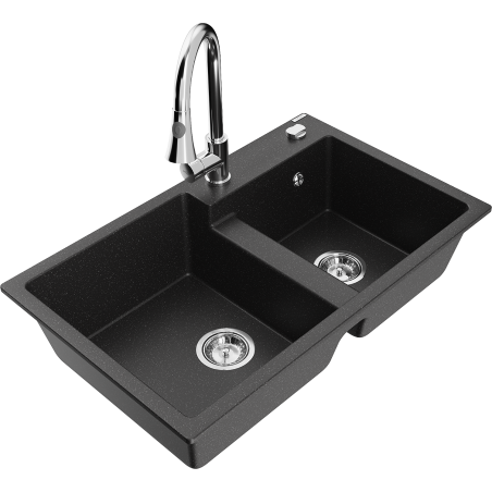 Mexen Tomas zlewozmywak granitowy 2-komorowy z baterią kuchenną Elia, czarny/srebrny metalik - 6516-73-670101-00