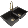Mexen Tomas zlewozmywak granitowy 2-komorowy z baterią kuchenną Elia, czarny/złoty metalik - 6516-75-670101-50