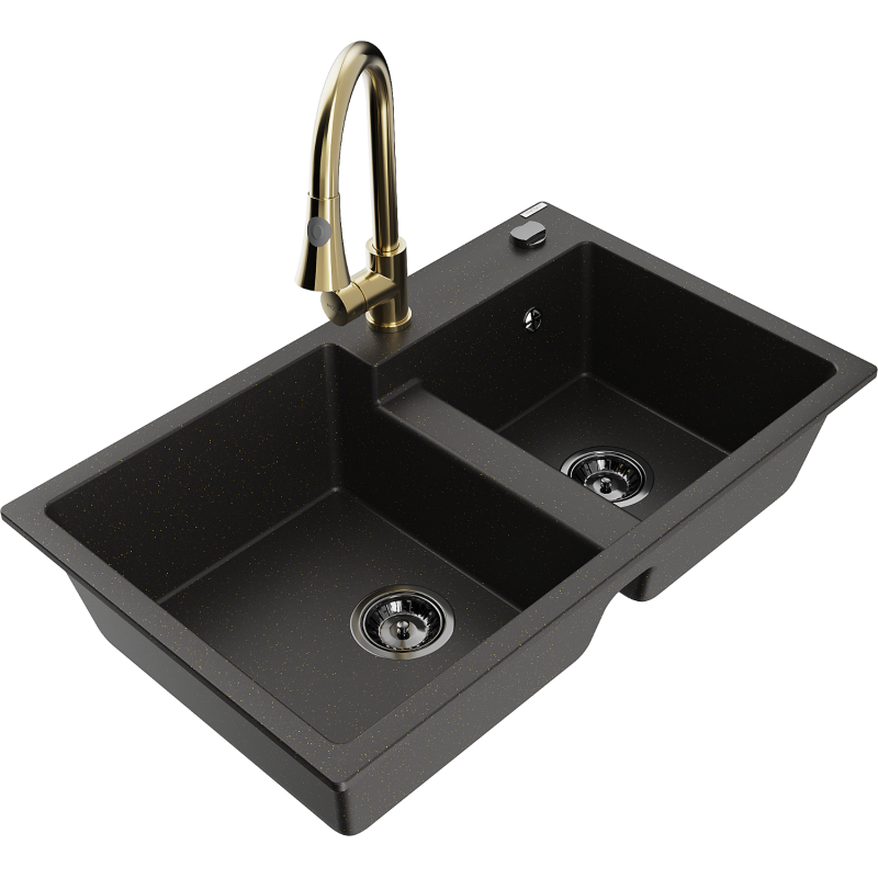 Mexen Tomas zlewozmywak granitowy 2-komorowy z baterią kuchenną Elia, czarny/złoty metalik - 6516-75-670101-50-B
