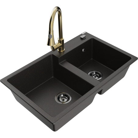 Mexen Tomas zlewozmywak granitowy 2-komorowy z baterią kuchenną Elia, czarny/złoty metalik - 6516-75-670101-50-B