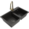 Mexen Tomas zlewozmywak granitowy 2-komorowy z baterią kuchenną Elia, czarny/złoty metalik - 6516-75-670101-50-B