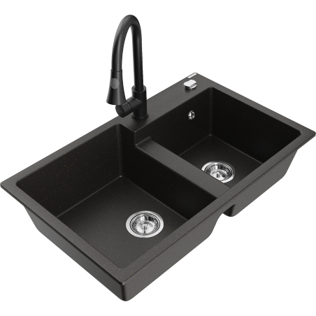 Mexen Tomas zlewozmywak granitowy 2-komorowy z baterią kuchenną Elia, czarny/złoty metalik - 6516-75-670101-70