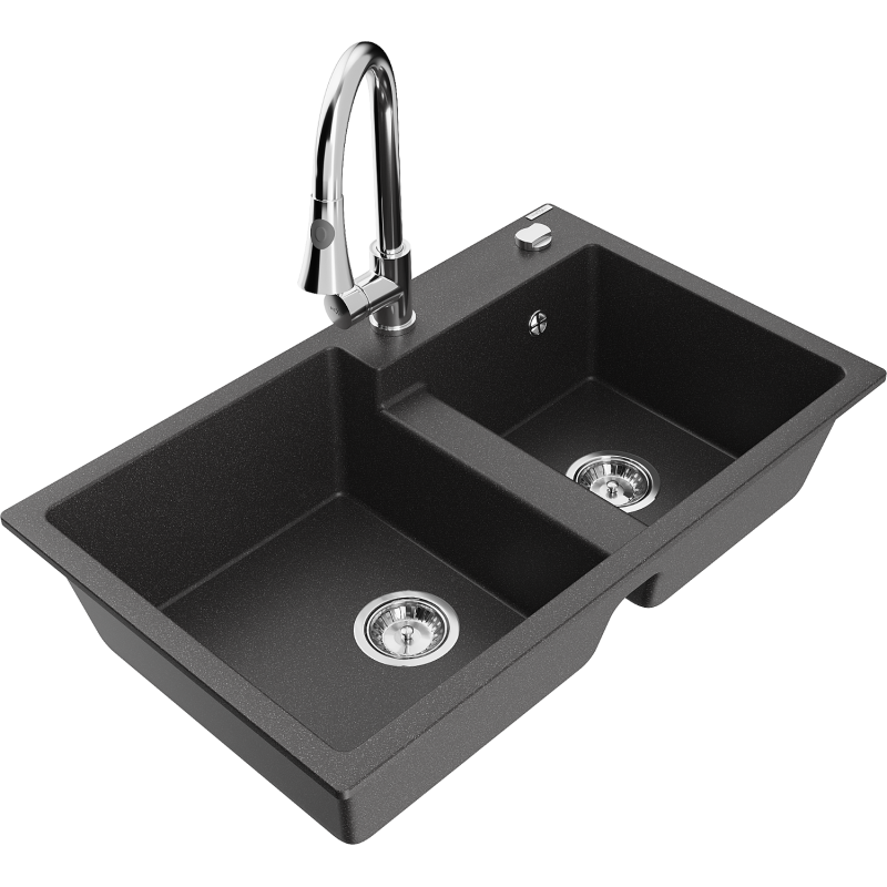 Mexen Tomas zlewozmywak granitowy 2-komorowy z baterią kuchenną Elia, czarny nakrapiany - 6516-76-670101-00
