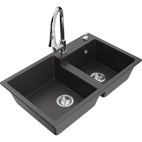 Mexen Tomas zlewozmywak granitowy 2-komorowy z baterią kuchenną Elia, czarny nakrapiany - 6516-76-670101-00