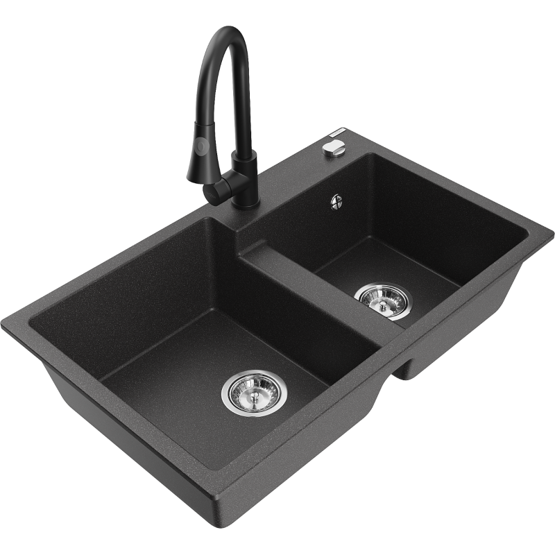 Mexen Tomas zlewozmywak granitowy 2-komorowy z baterią kuchenną Elia, czarny nakrapiany - 6516-76-670101-70