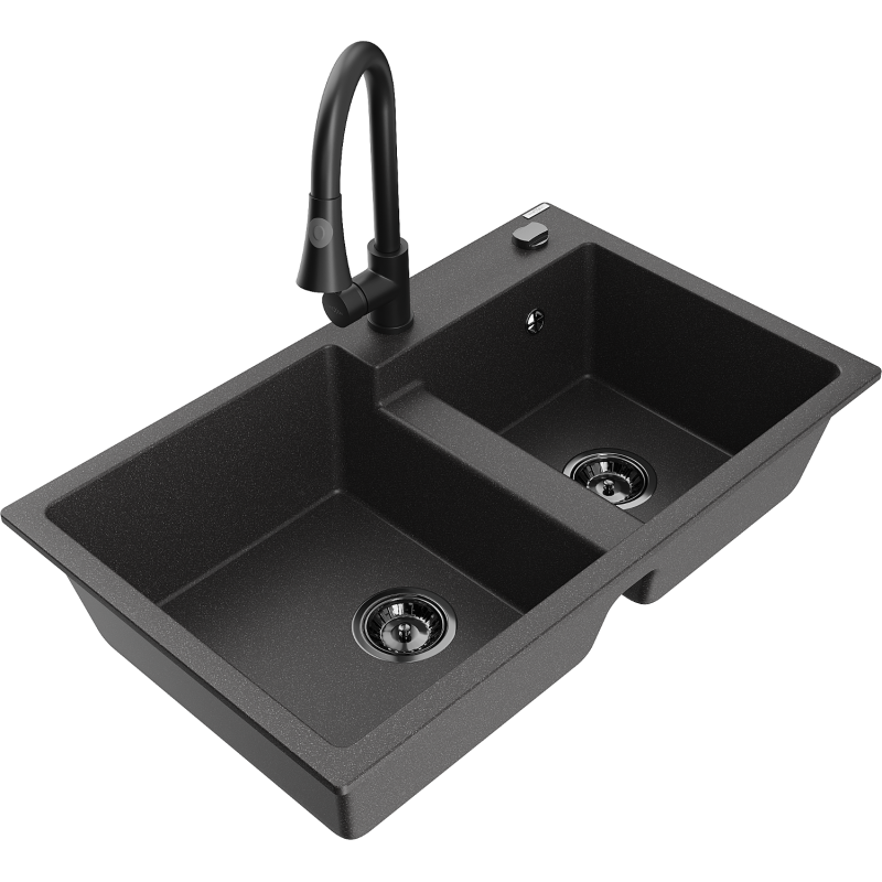 Mexen Tomas zlewozmywak granitowy 2-komorowy z baterią kuchenną Elia, czarny nakrapiany - 6516-76-670101-70-B