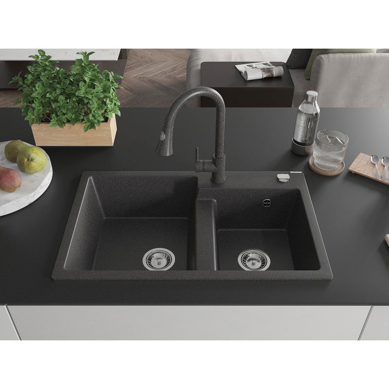 Mexen Tomas zlewozmywak granitowy 2-komorowy z baterią kuchenną Elia, czarny nakrapiany - 6516-76-670101-76