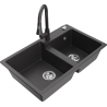 Mexen Tomas zlewozmywak granitowy 2-komorowy z baterią kuchenną Elia, czarny nakrapiany - 6516-76-670101-76