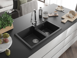 Mexen Tomas zlewozmywak granitowy 2-komorowy z baterią kuchenną Elia, czarny - 6516-77-670101-00