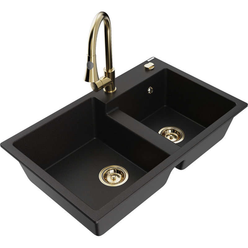 Mexen Tomas zlewozmywak granitowy 2-komorowy z baterią kuchenną Elia, czarny - 6516-77-670101-50
