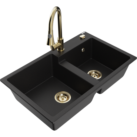 Mexen Tomas zlewozmywak granitowy 2-komorowy z baterią kuchenną Elia, czarny - 6516-77-670101-50