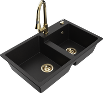 Mexen Tomas zlewozmywak granitowy 2-komorowy z baterią kuchenną Elia, czarny - 6516-77-670101-50