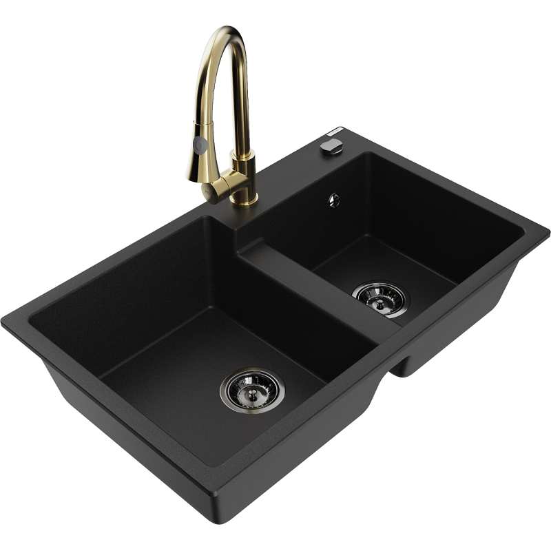 Mexen Tomas zlewozmywak granitowy 2-komorowy z baterią kuchenną Elia, czarny - 6516-77-670101-50-B