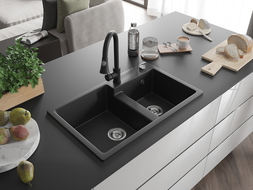 Mexen Tomas zlewozmywak granitowy 2-komorowy z baterią kuchenną Elia, czarny - 6516-77-670101-70