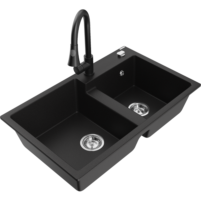 Mexen Tomas zlewozmywak granitowy 2-komorowy z baterią kuchenną Elia, czarny - 6516-77-670101-70