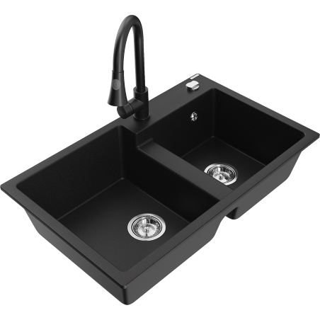 Mexen Tomas zlewozmywak granitowy 2-komorowy z baterią kuchenną Elia, czarny - 6516-77-670101-70