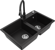 Mexen Tomas zlewozmywak granitowy 2-komorowy z baterią kuchenną Elia, czarny - 6516-77-670101-70