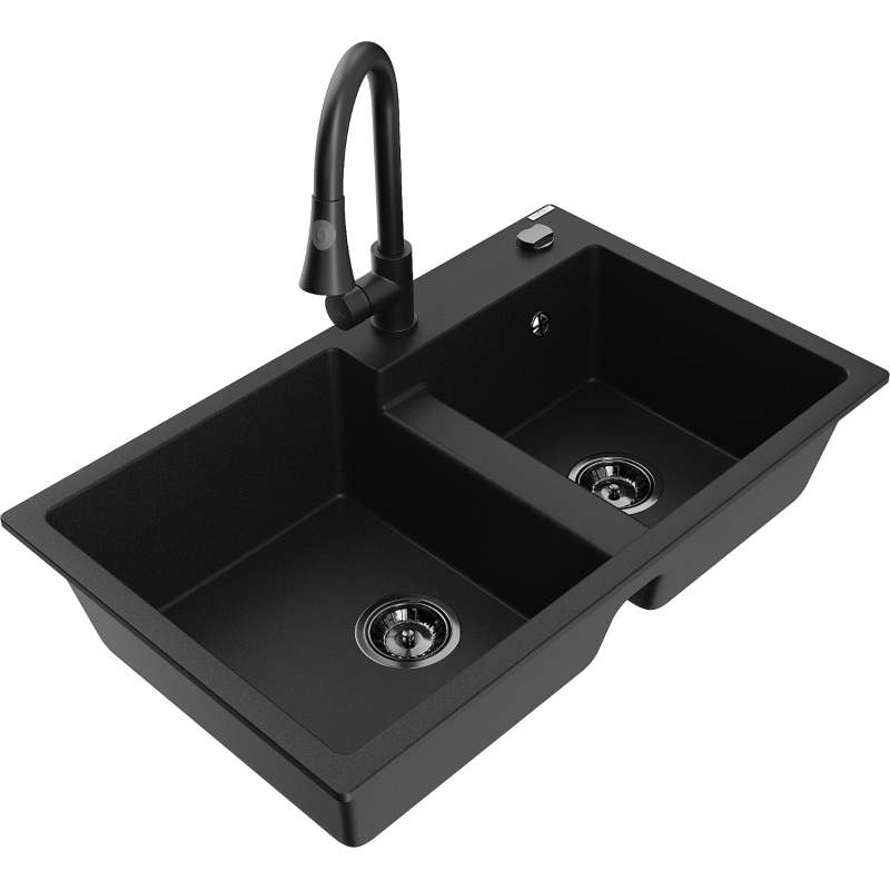 Mexen Tomas zlewozmywak granitowy 2-komorowy z baterią kuchenną Elia, czarny - 6516-77-670101-70-B