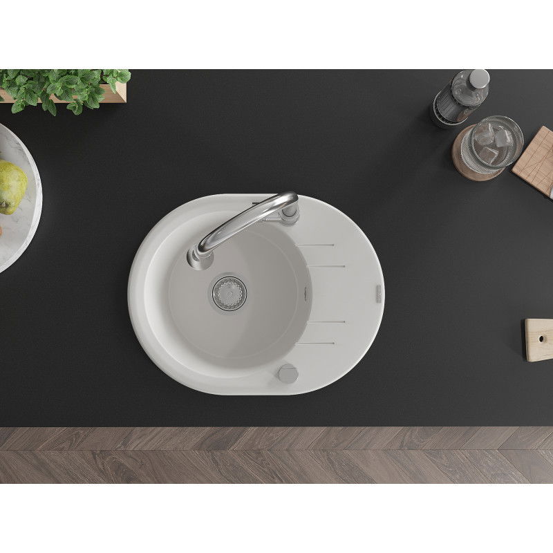 Mexen Kevin zlewozmywak granitowy 1-komorowy z ociekaczem i baterią kuchenną Elia, biały - 6517-20-670101-00