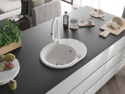 Mexen Kevin zlewozmywak granitowy 1-komorowy z ociekaczem i baterią kuchenną Elia, biały - 6517-20-670101-20