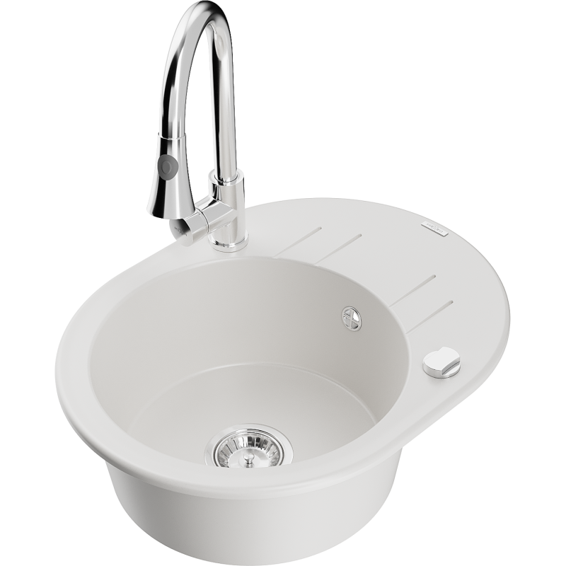 Mexen Kevin zlewozmywak granitowy 1-komorowy z ociekaczem i baterią kuchenną Elia, biały - 6517-20-670101-00