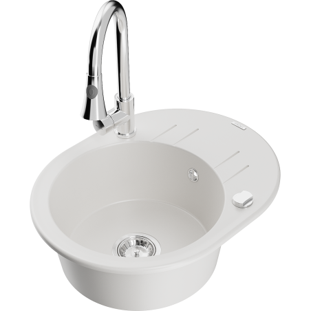 Mexen Kevin zlewozmywak granitowy 1-komorowy z ociekaczem i baterią kuchenną Elia, biały - 6517-20-670101-00