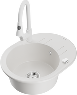 Mexen Kevin zlewozmywak granitowy 1-komorowy z ociekaczem i baterią kuchenną Elia, biały - 6517-20-670101-20