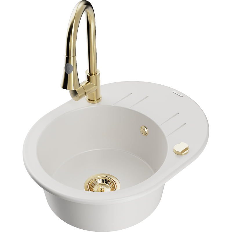 Mexen Kevin zlewozmywak granitowy 1-komorowy z ociekaczem i baterią kuchenną Elia, biały - 6517-20-670101-50