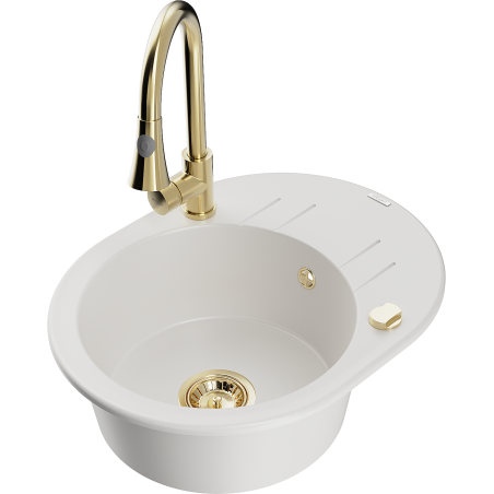 Mexen Kevin zlewozmywak granitowy 1-komorowy z ociekaczem i baterią kuchenną Elia, biały - 6517-20-670101-50