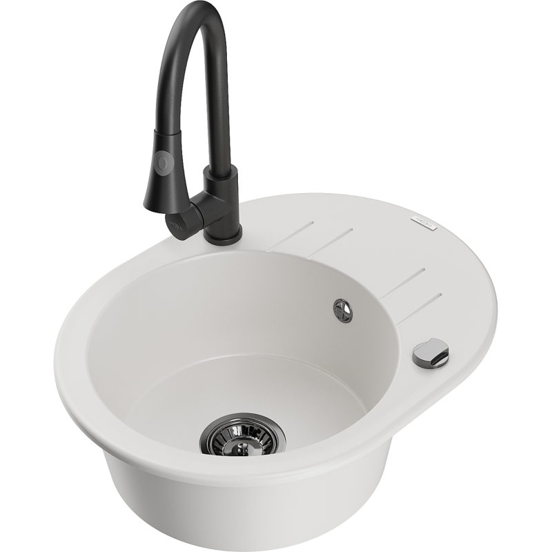 Mexen Kevin zlewozmywak granitowy 1-komorowy z ociekaczem i baterią kuchenną Elia, biały - 6517-20-670101-70