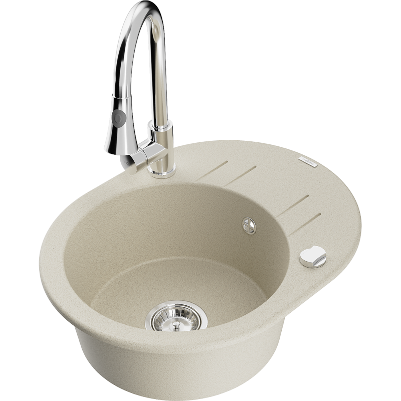 Mexen Kevin zlewozmywak granitowy 1-komorowy z ociekaczem i baterią kuchenną Elia, beżowy - 6517-69-670101-00