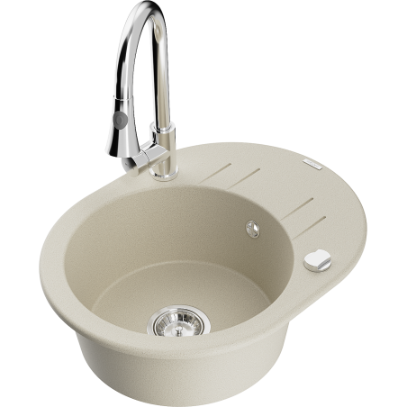 Mexen Kevin zlewozmywak granitowy 1-komorowy z ociekaczem i baterią kuchenną Elia, beżowy - 6517-69-670101-00