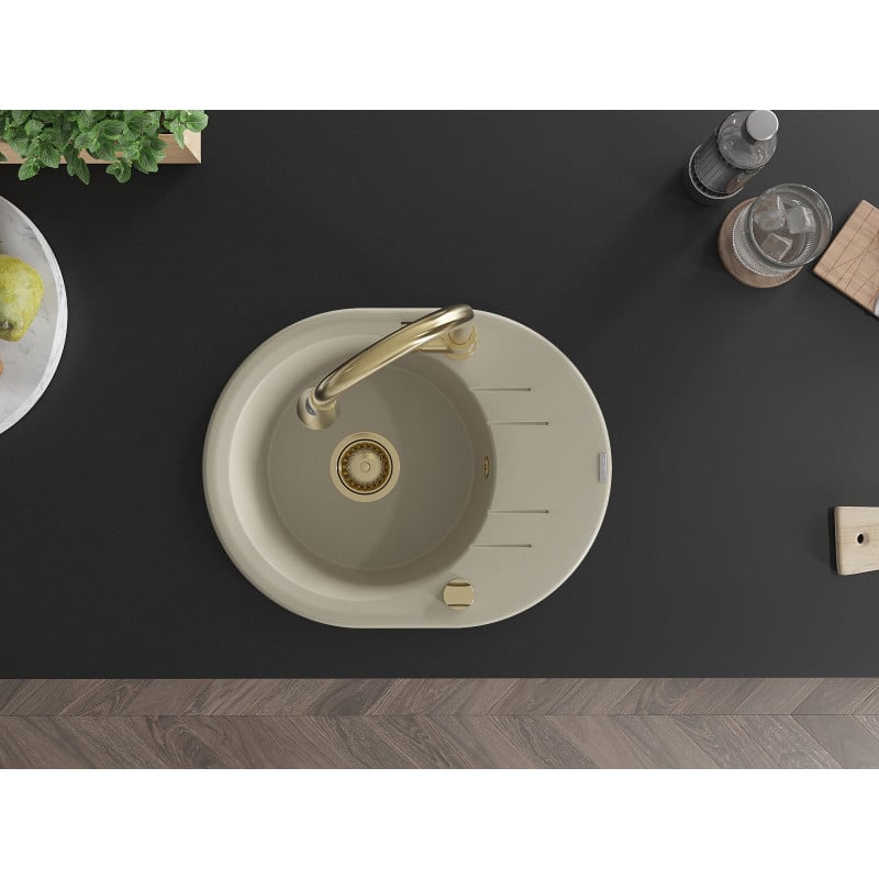 Mexen Kevin zlewozmywak granitowy 1-komorowy z ociekaczem i baterią kuchenną Elia, beżowy - 6517-69-670101-50