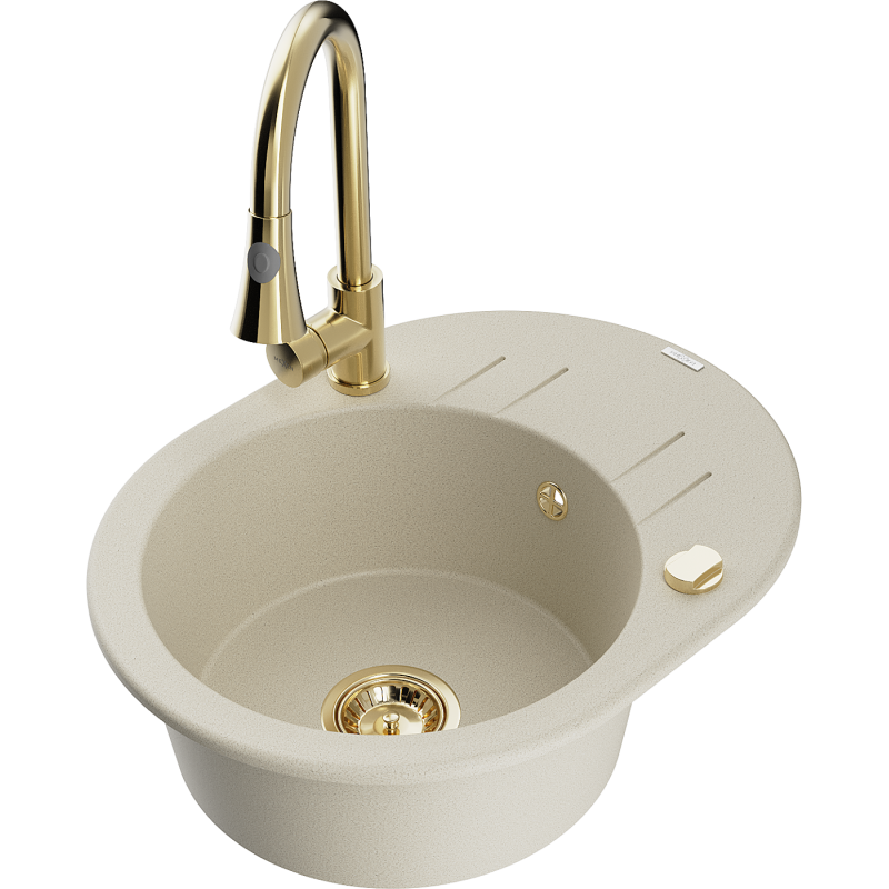 Mexen Kevin zlewozmywak granitowy 1-komorowy z ociekaczem i baterią kuchenną Elia, beżowy - 6517-69-670101-50