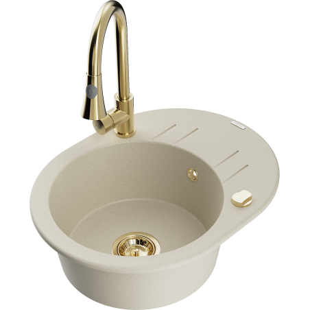 Mexen Kevin zlewozmywak granitowy 1-komorowy z ociekaczem i baterią kuchenną Elia, beżowy - 6517-69-670101-50